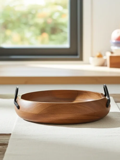wooden serving bowl 10x10x3 made from mango wood with metal handles