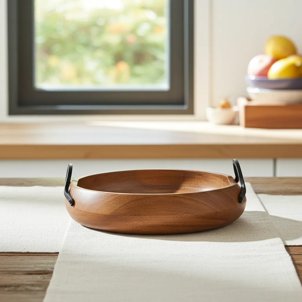 wooden serving bowl 10x10x3 made from mango wood with metal handles