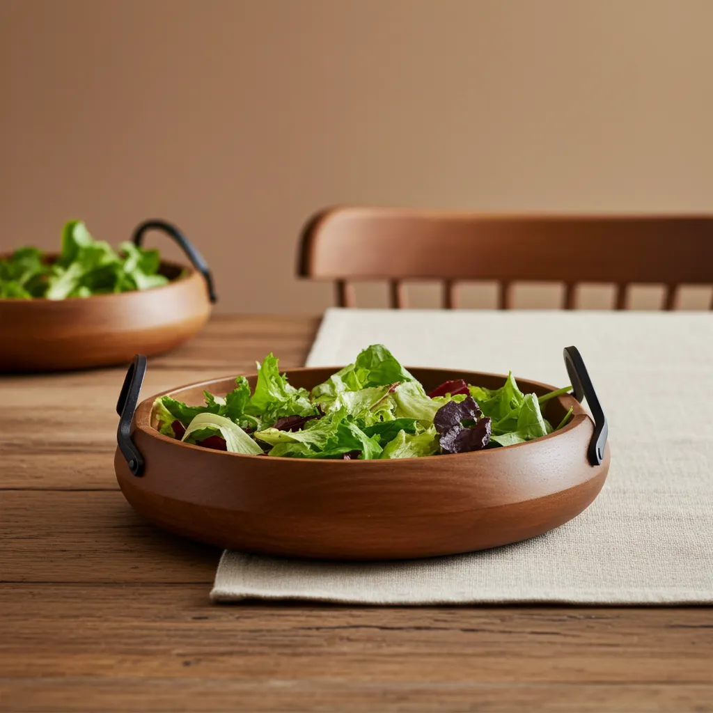 mango wood wooden serving bowl with decorative metal side handles