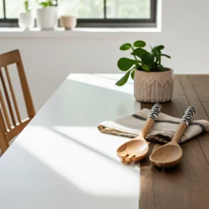 Mango wood salad server set featuring enameled handles for table serving