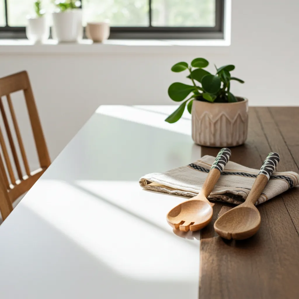Mango wood salad server set featuring enameled handles for table serving