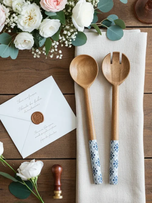 Handmade acacia wood spoon set of 2 with enameled handles 12 inch