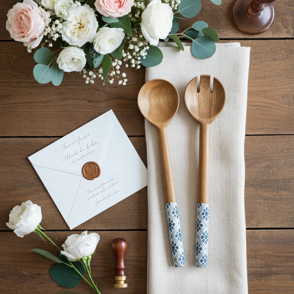 Handmade acacia wood spoon set of 2 with enameled handles 12 inch