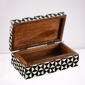 geometric design wood and bone inlay jewellery box