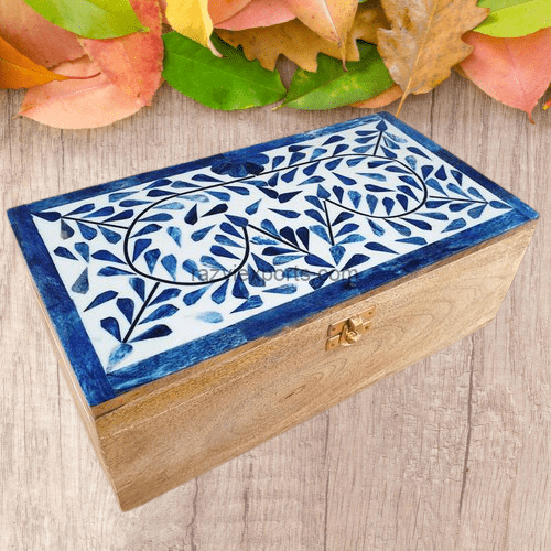 floral design wood and bone inlay storage box