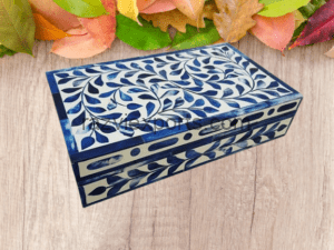 bone inlay decorative box white and blue floral design for jewellery