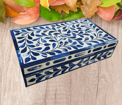 bone inlay decorative box white and blue floral design for jewellery