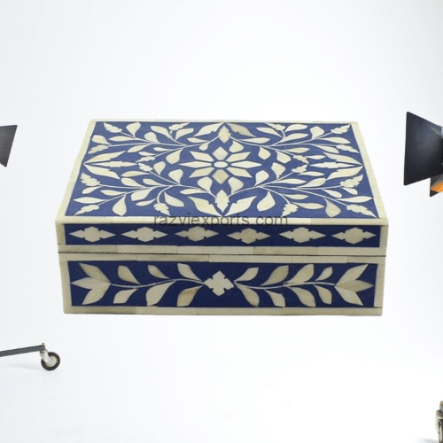 bone inlay box white and blue floral design for jewellery