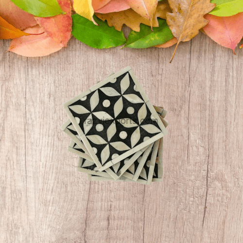 Beautiful Black and White Bone Inlay Coasters Set Floral