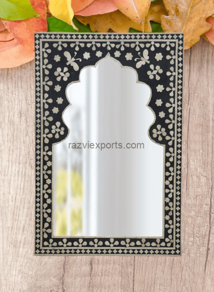 Latest Black and White Floral Bone Inlay Wall Mirror 36″ Best Quality