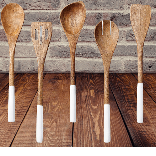 Wooden Utensils Spoons Set of 5 – White Enameled Finish 1 wooden utensils serving spoons Set