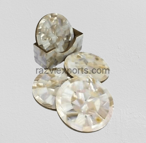 Round Mother of Pearl Coaster with Holder | Mop Coaster 2 Round Mother of Pearl Coaster with Holder