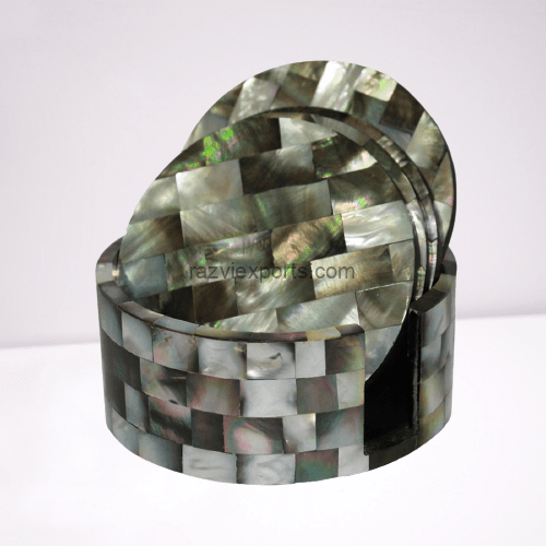Black Round Mother of Pearl Coasters Set with Holder | Razvi Exports