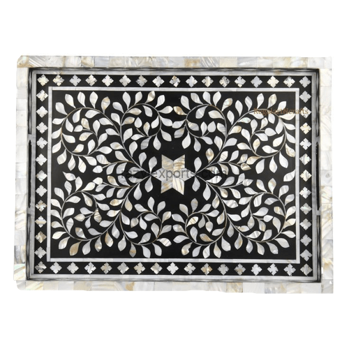 Black Mother of Pearl Inlay Tray India Floral- Razvi Exports