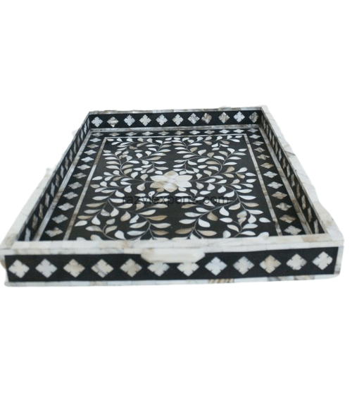 Black Mother of Pearl Inlay Tray India Floral- Razvi Exports