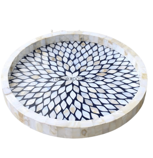 Round Black Mother of Pearl Inlay Tray Floral