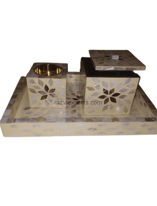 Floral Mother of Pearl Tray Set with Burner and Box