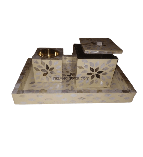 Floral Mother of Pearl Tray Set with Burner and Box 1 Floral Mother of Pearl Tray Set