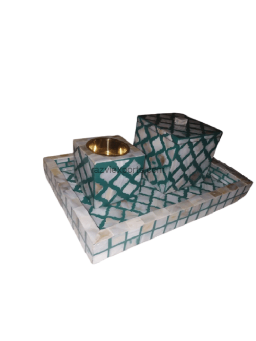 Green Mother of Pearl Inlay Tray Set with Burner and Box