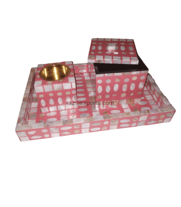 Pink Mother of Pearl Inlay Tray Set with Burner and Box