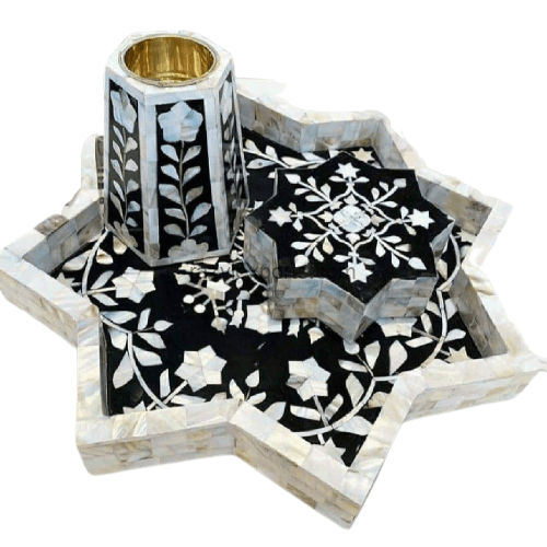 Bone and Mother of Pearl Inlay Products Catalouge 17 Star Shape mother of pearl inlay tray set with box and burner