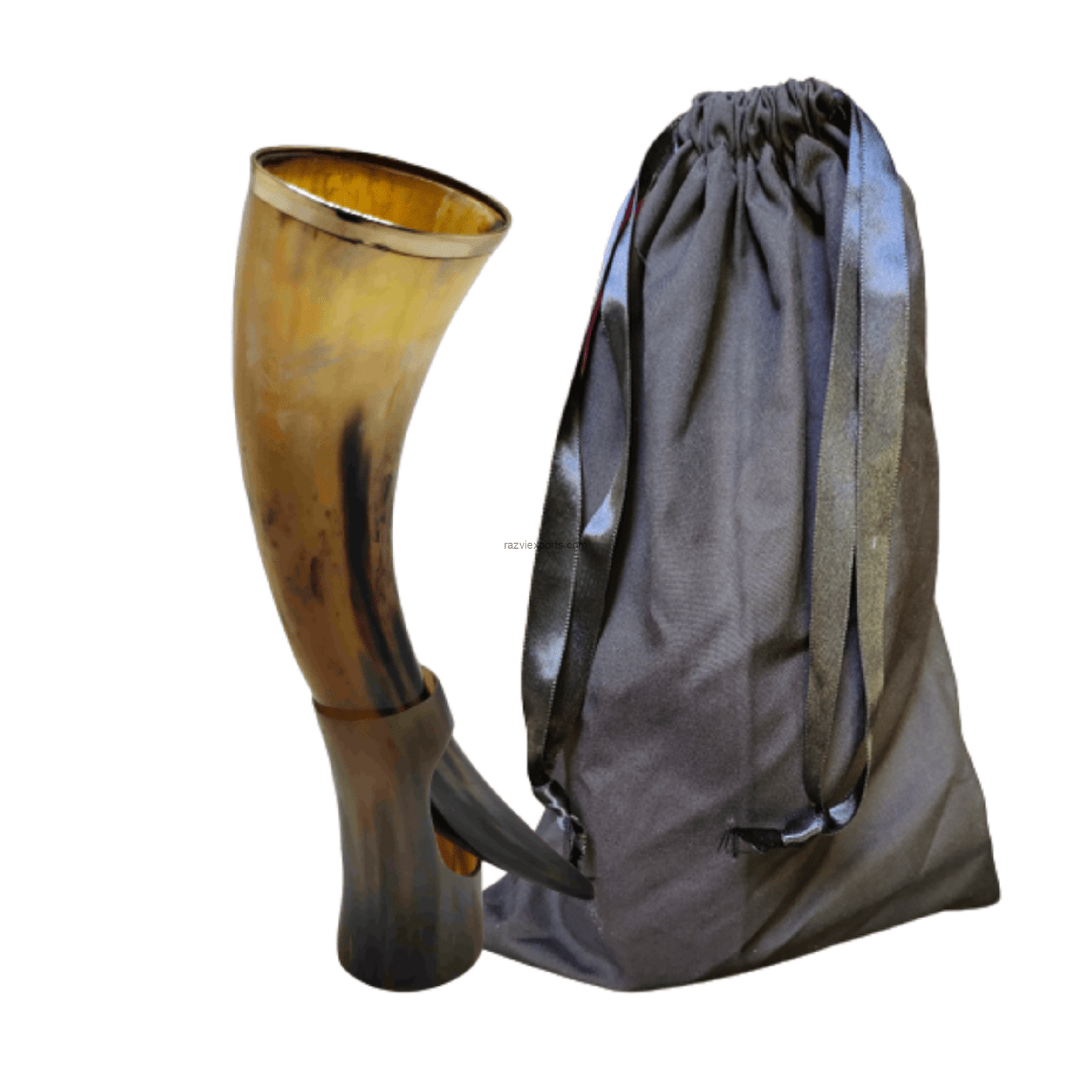 Brass Rimmed Viking Drinking Horn with Horn Stand 16 to 18 oz