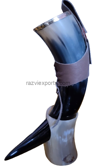 brass molded viking drinking horn with leather holder and horn stand manufacturer