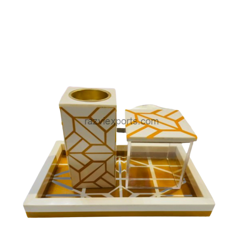 Geometric Bone Inlay Tray Set with burner and box bakhor