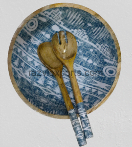 Enameled wooden bowl with salad server set