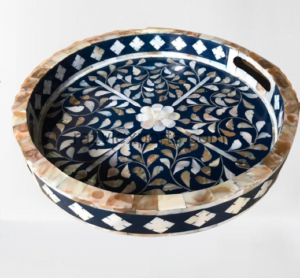 floral design rounded mother of pearl inlaid tray manufacturer & supplier in india