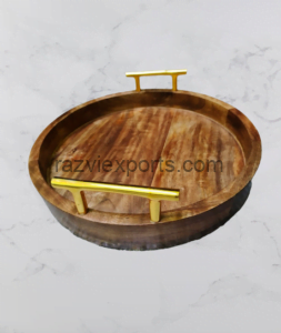 round acacia wood tray with metal handle manufacturer and exporter in india