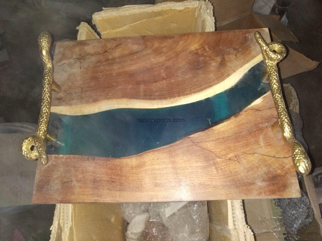 Wooden and epoxy resin tray with metal handles