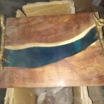 Wooden and epoxy resin tray with metal handles