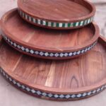 acacia wood round wooden set with bone inlay