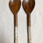 mother of pearl inlaid handle wooden spoon server set