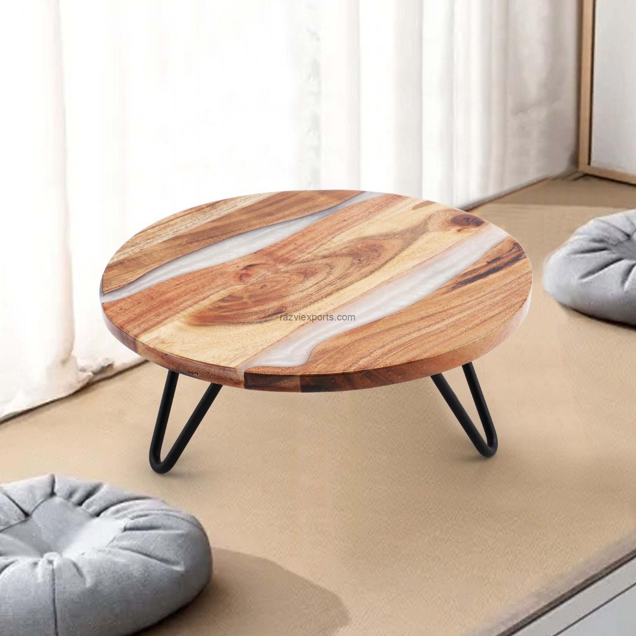 wood and epoxy resin cake stand with metal legs