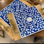 wooden bone inlaid tray with metal handles