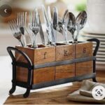 wooden cutlery holder with metal stand