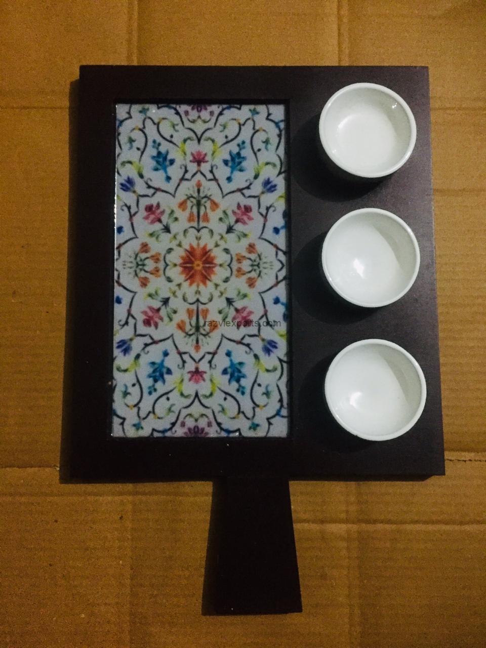 wooden enameled platter with bowls