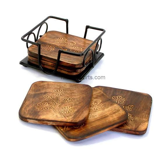 wooden engraved coasters set with metal holder