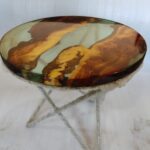 wooden round epoxy resin dining table with metal stand