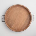 wooden round pizza tray with metal handles