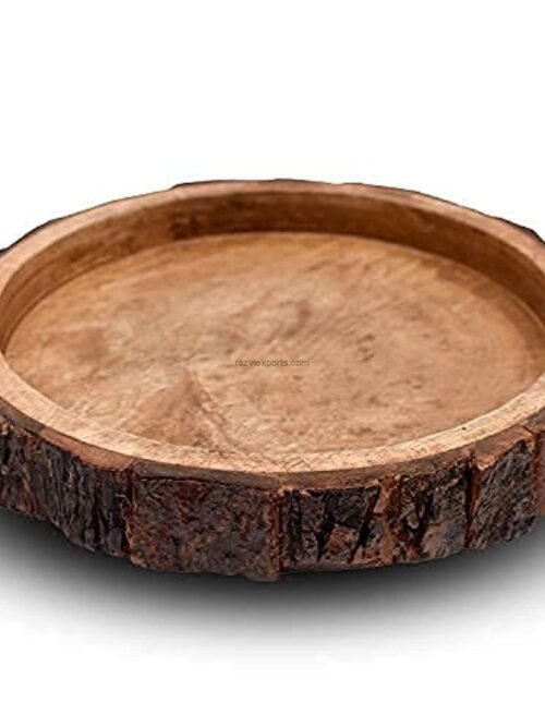Round wooden bark tray serving tray with mango wood bark Razvi Exports