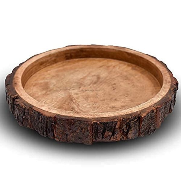 Round wooden bark tray serving tray with mango wood bark Razvi Exports