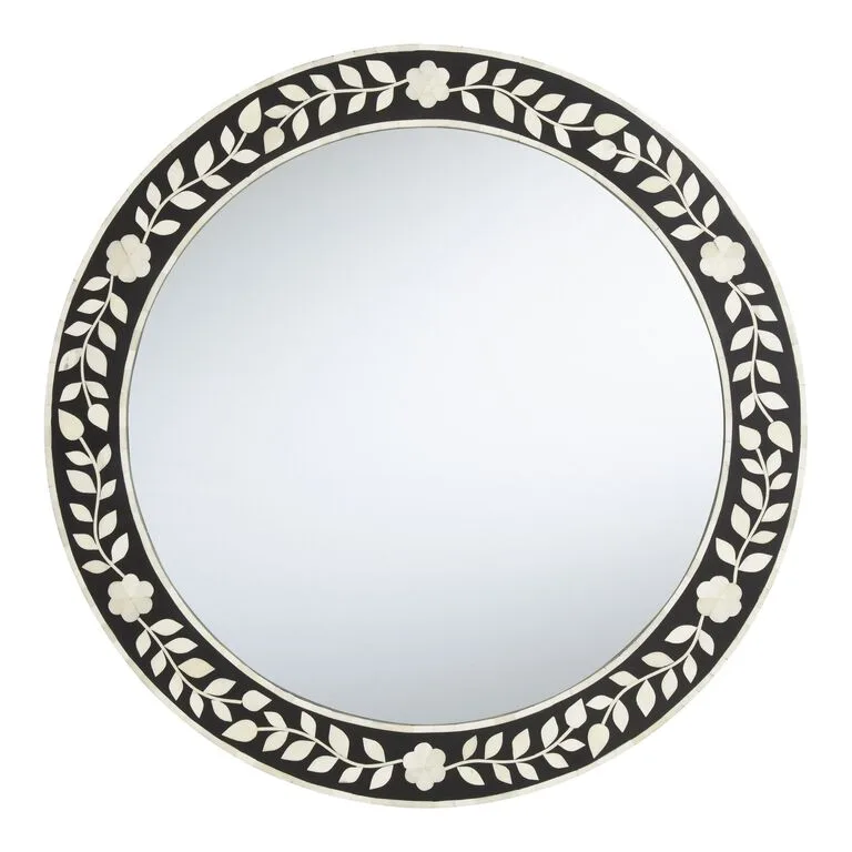 Buy Black and White Floral Bone Inlay Round Mirror 24" - Image 3