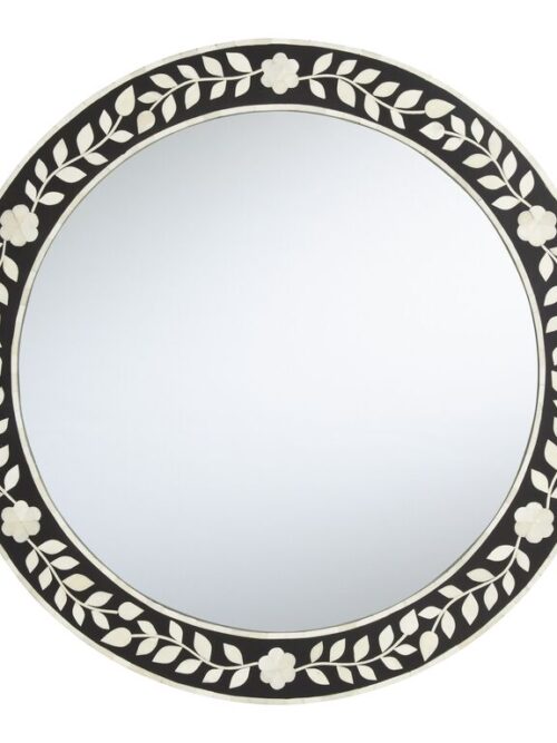 Buy Floral Bone Inlay Round Mirror Black and White 18″