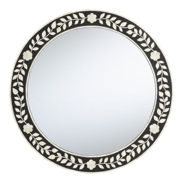 Black and White Floral Bone Inlay Round Mirror