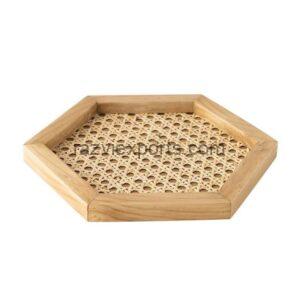 Octagonal Wood and Rattan Tray