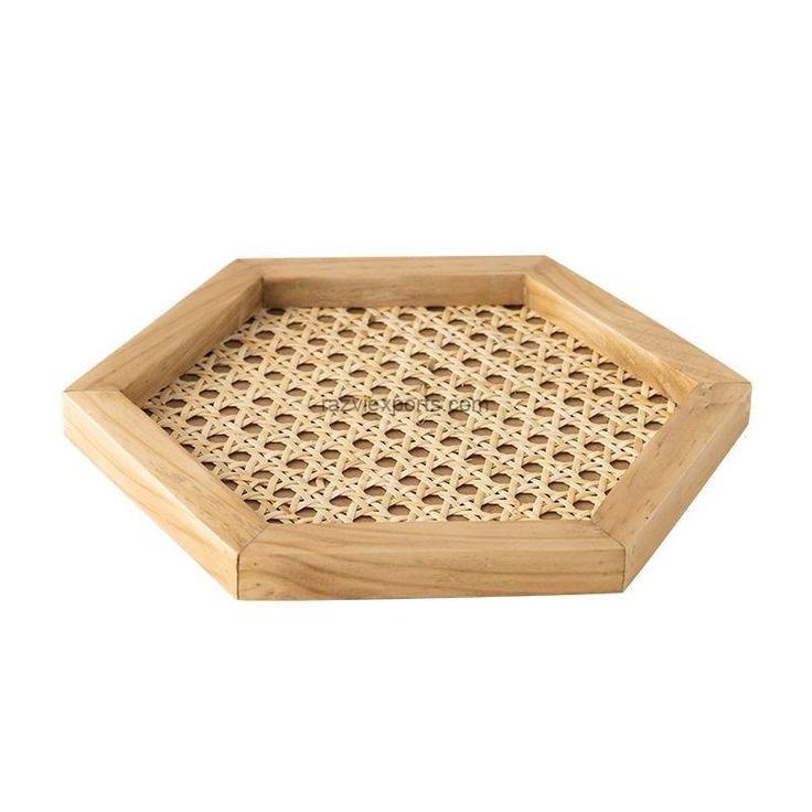 Octagonal Wood and Rattan Tray from Razvi Exports