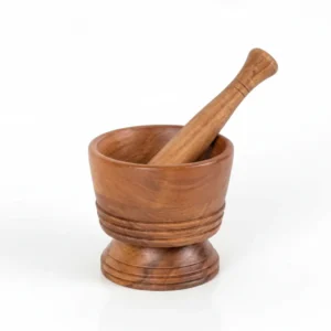 handcrafted traditional wooden mortar and pestle with pedestal base